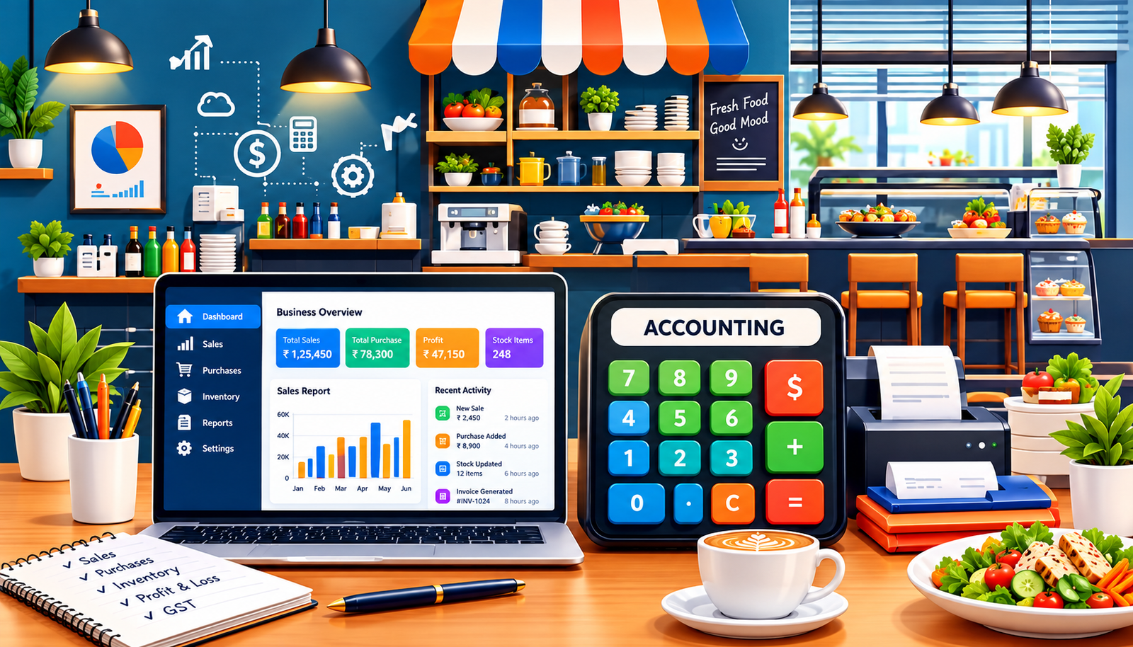 TallyPrime billing screen for a restaurant in India showing food and beverage invoice with GST